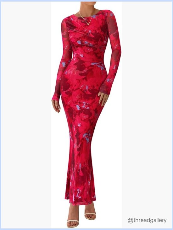 Dresses & Skirts - Long Sleeve Floral Maxi Dress Ruched Bodycon Crewneck Wedding Guest